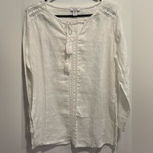 Kenar 💯 linen blouse beach top vacation pull over white flowy embroidered USM